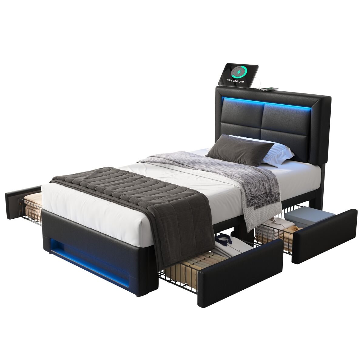 Cama de solteiro de pu 90x190 cm com luz led,preto
