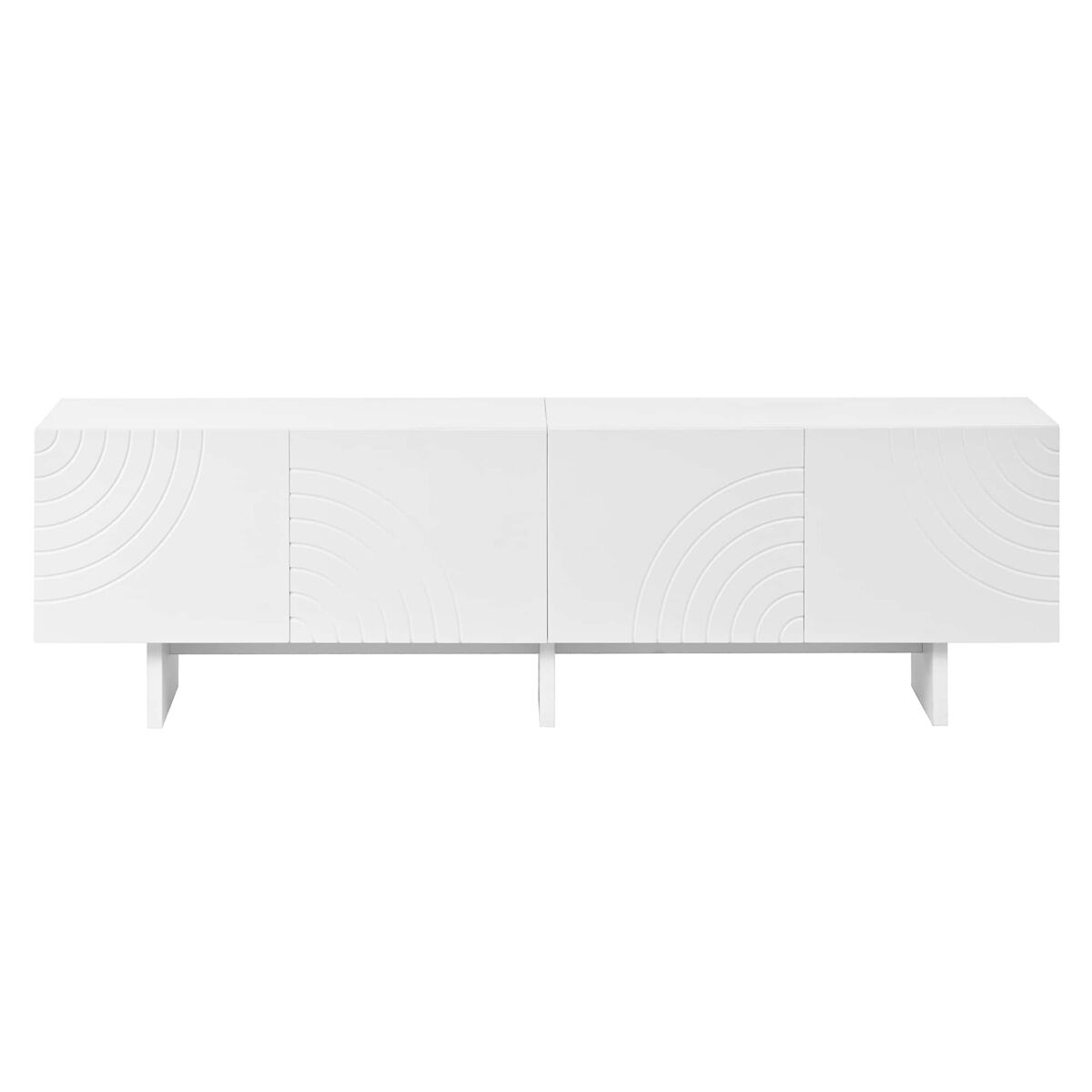 Móvel de televisão - 4 portas com padrão geométrico em arco, frentes com relevo decorativo, divisória central e amplo espaço de arrumação - branco