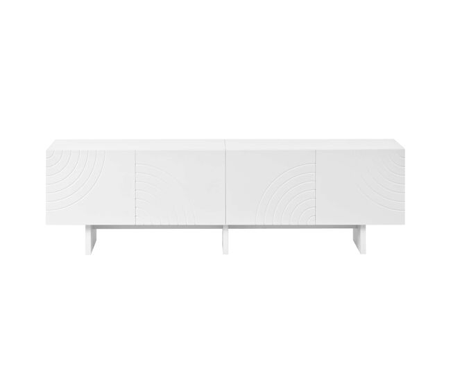 Móvel de televisão - 4 portas com padrão geométrico em arco, frentes com relevo decorativo, divisória central e amplo espaço de arrumação - branco