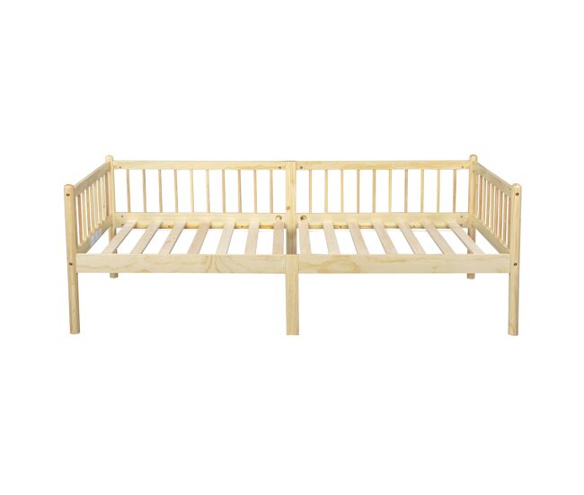 Cama-cesto 90x200 cm - sofá-cama em madeira de pinho com grades em 3 lados e 14 ripas - natural