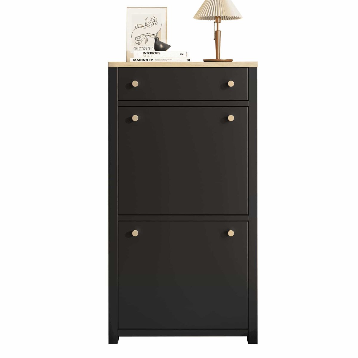 Armário 50 × 24 × 95 cm — com 1 gaveta, 2 portas basculantes, prateleiras ajustáveis e puxadores metálicos — preto/madeira