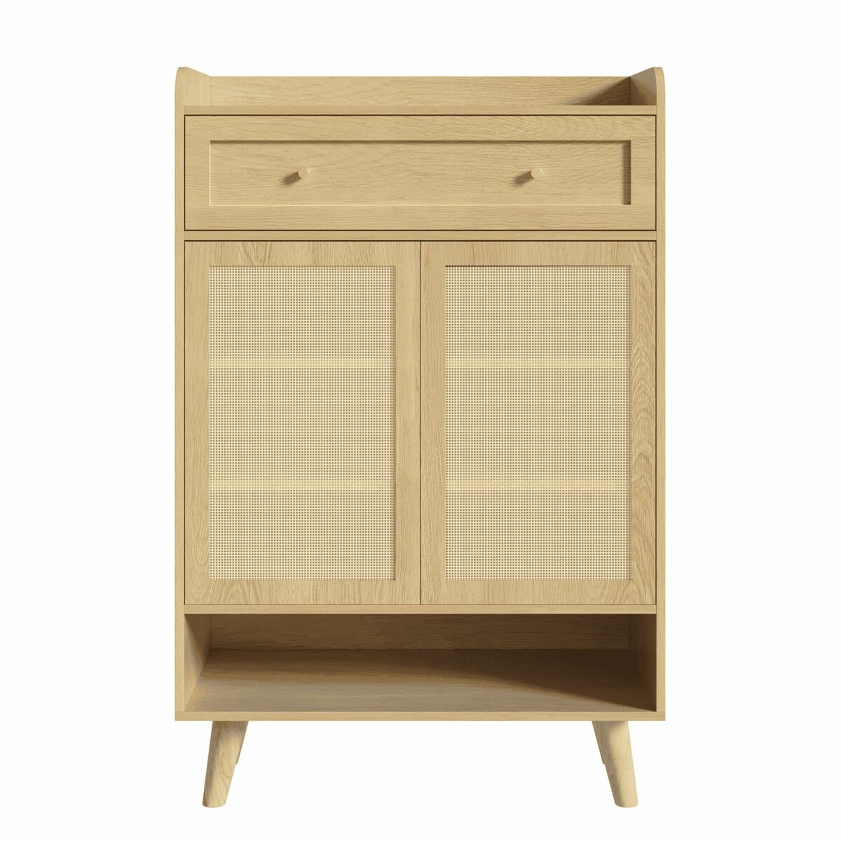Armário 80 x 105 x 35 cm — com 2 portas de rattan, 4 prateleiras, 1 gaveta e prateleira superior aberta — carvalho claro