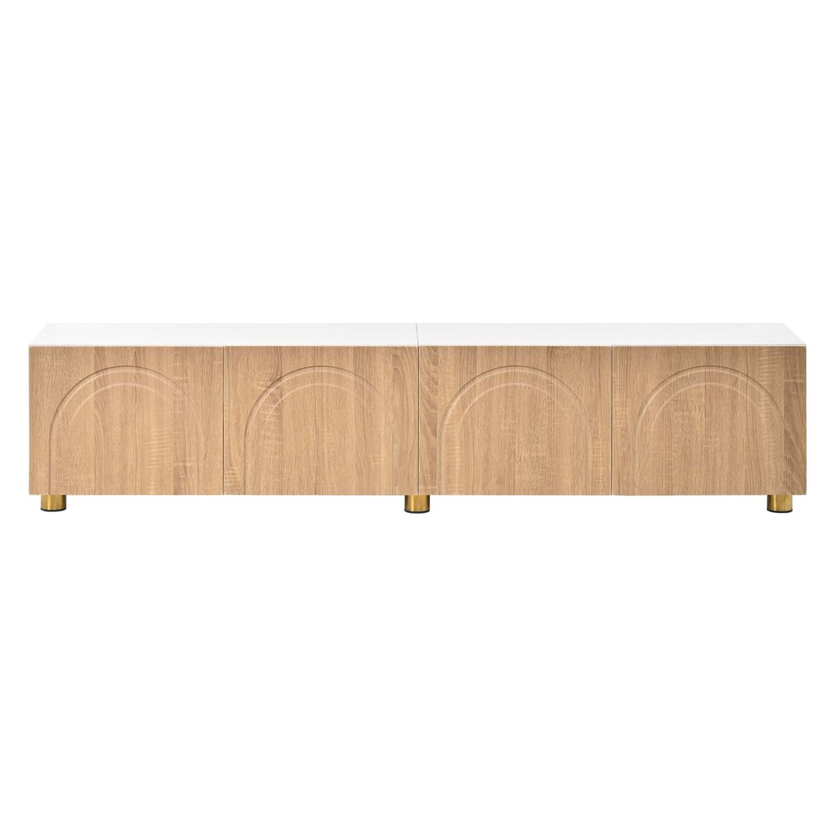 Móvel de tv tipo lowboard sem dimensões específicas - 4 portas, relevo arqueado, pés metálicos, moderno - natural e branco