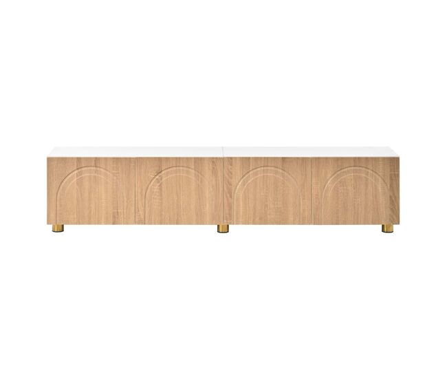 Móvel de tv tipo lowboard sem dimensões específicas - 4 portas, relevo arqueado, pés metálicos, moderno - natural e branco