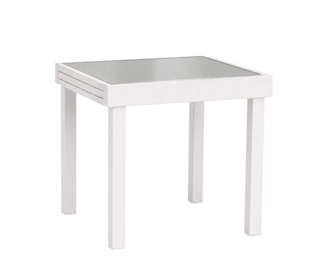 Mesa extensível para exterior, jardim/terraço, alumínio e vidro temperado branco, 90-180x90x76 cm