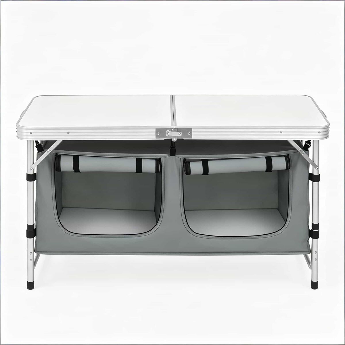 Mesa de campismo dobrável 120 x 47 x 69,5 cm – ajustável, portátil, com saco de arrumação suspenso – cinzenta e branca