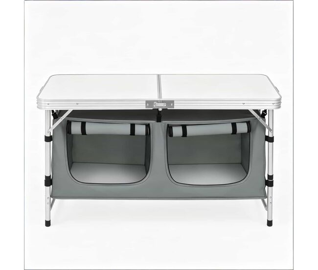 Mesa de campismo dobrável 120 x 47 x 69,5 cm – ajustável, portátil, com saco de arrumação suspenso – cinzenta e branca