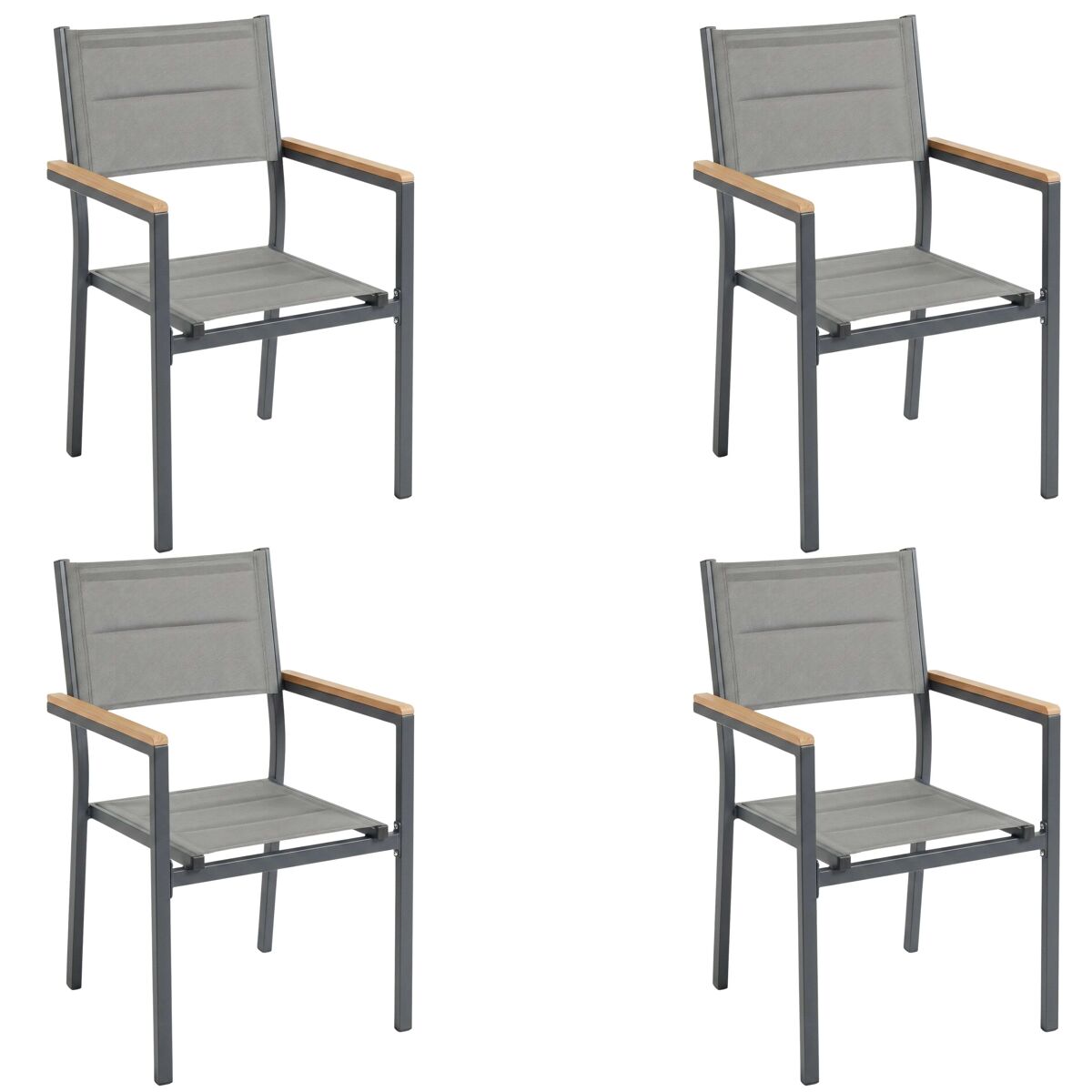 Conjunto de 4 cadeiras de exterior empilháveis ​​com apoio de braços, em alumínio e textilene cinza, 56x55x85 cm