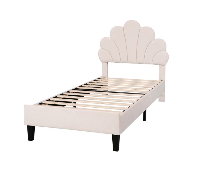 Cama infantil estofada 90x200 cm cabeceira floral, suporte de ripas, veludo, cama juvenil meninas bege