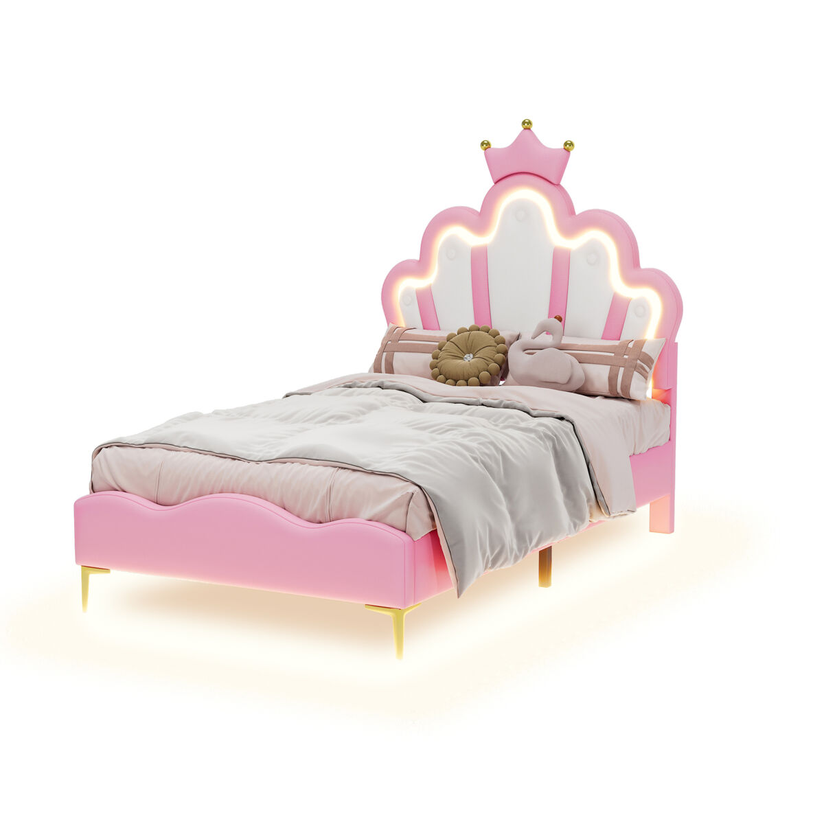 Cama estofada 90x200 cm, cabeceira em forma de coroa, pele pu, cama princesa rosa