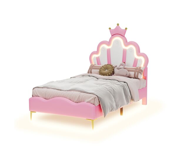 Cama estofada 90x200 cm, cabeceira em forma de coroa, pele pu, cama princesa rosa
