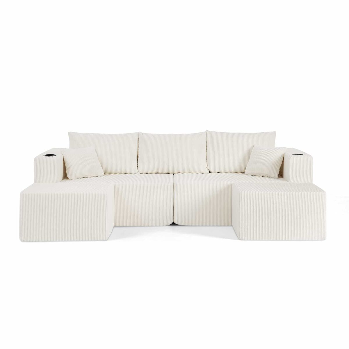 Sofá modular de canto de 3 lugares - em forma de l, pufes móveis, tecido de chenille, porta-copos, bolsos laterais e almofadas - bege