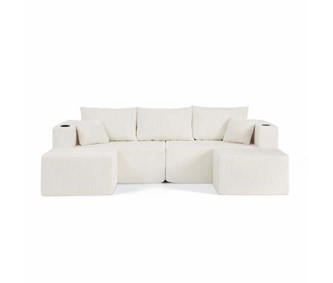 Sofá modular de canto de 3 lugares - em forma de l, pufes móveis, tecido de chenille, porta-copos, bolsos laterais e almofadas - bege