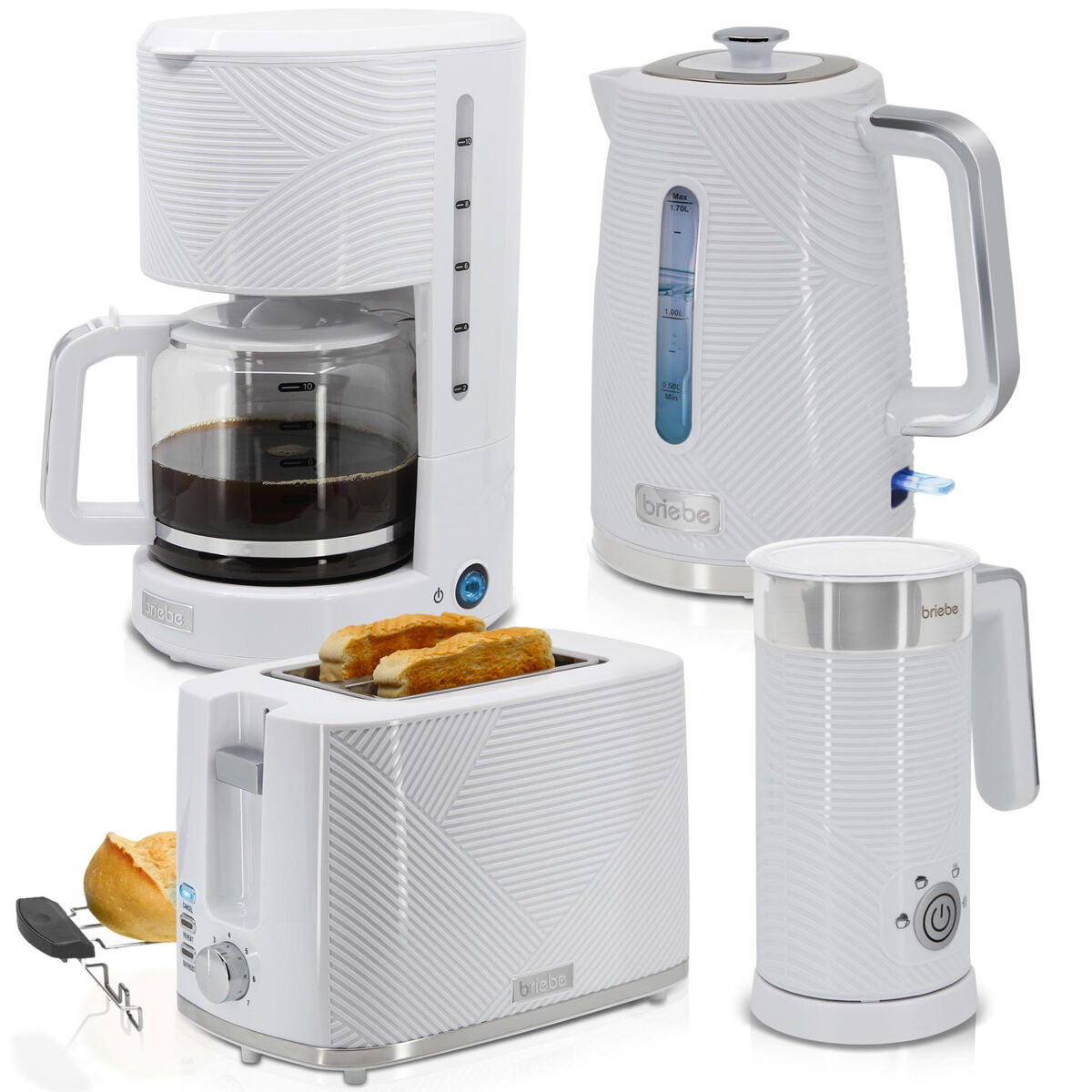 Briebe skt1185wht elegance conjunto torradeira de pão + bouilloire électrique 1,7l + machine de café filtro + espumador de leite, 2200, blanc