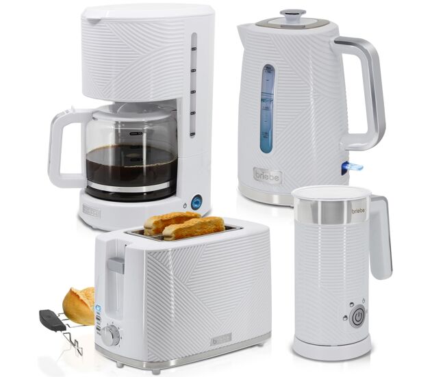 Briebe skt1185wht elegance conjunto torradeira de pão + bouilloire électrique 1,7l + machine de café filtro + espumador de leite, 2200, blanc