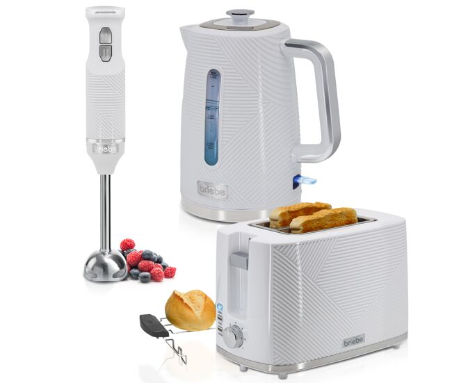 Briebe skt1186wht elegance conjunto de torradeira de pão 2 fatias largas+ chaleira elétrica 1,7l sem bpa + varinha 2 velocidades, 2200, branco