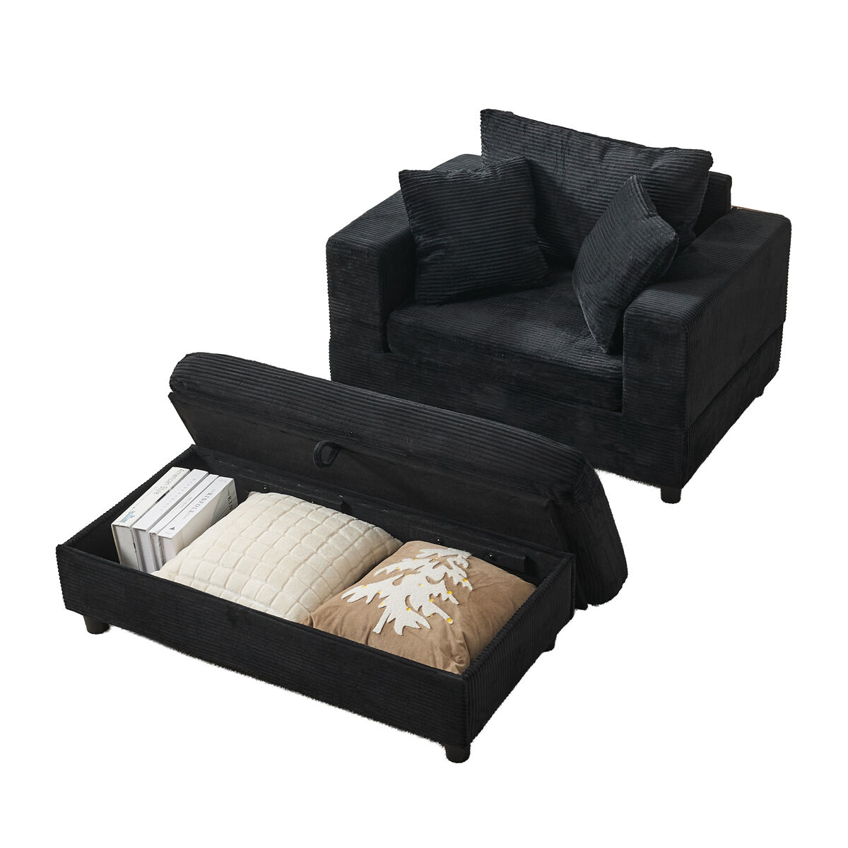 Espreguiçadeira 107 x 74 x 57 cm — com apoio para os pés, espaço de arrumação e 3 almofadas — preto