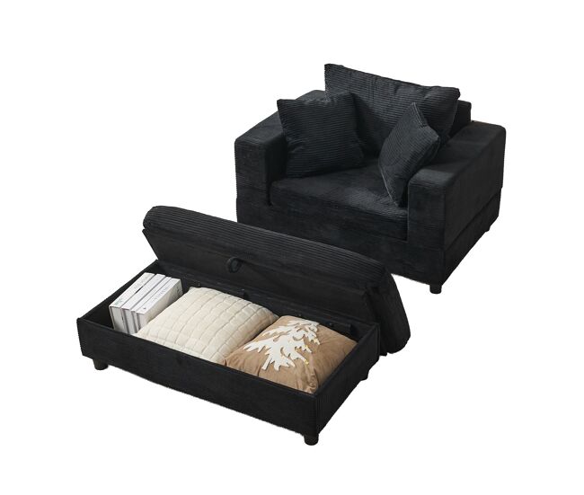 Espreguiçadeira 107 x 74 x 57 cm — com apoio para os pés, espaço de arrumação e 3 almofadas — preto