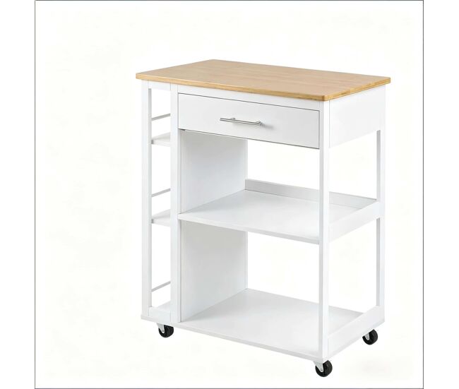 Carrinho de cozinha 73 x 38 x 88 cm – com rodas, portátil, prateleira auxiliar multifuncional – branco e madeira