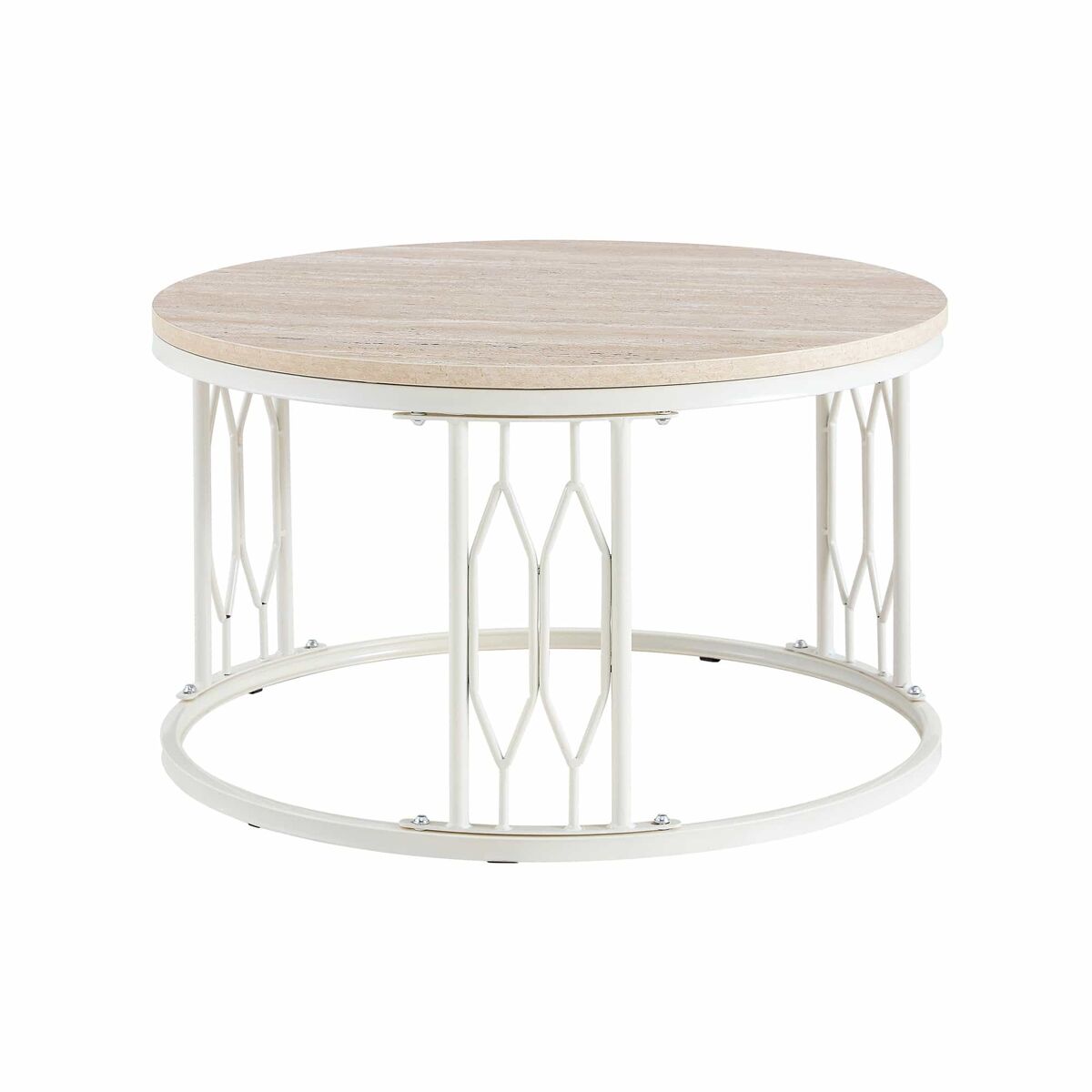 Mesa de centro redonda 70 x 40,5 cm — design moderno com tampo com efeito de madeira e estrutura geométrica em metal — blanc