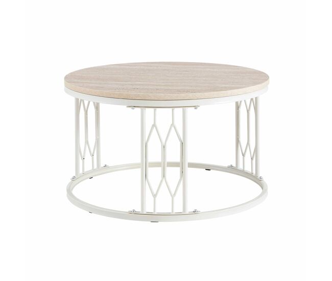 Mesa de centro redonda 70 x 40,5 cm — design moderno com tampo com efeito de madeira e estrutura geométrica em metal — blanc