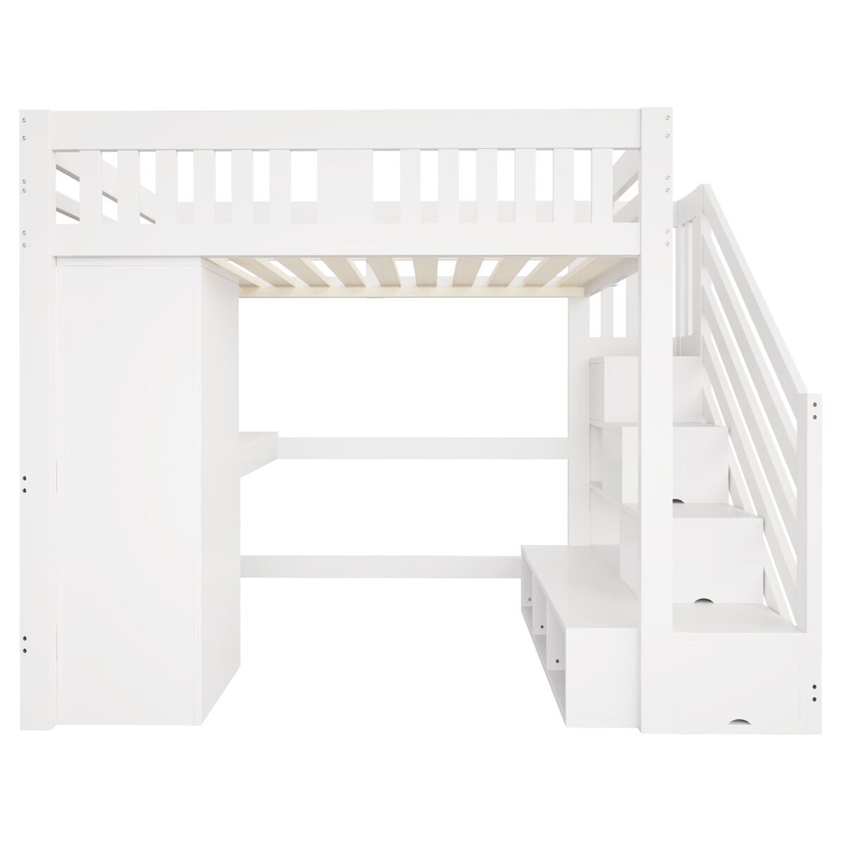 Cama alta 140 x 200 cm - escada com arrumação, secretária com tomada, luz led multicolorida, roupeiro individual, banco com arrumação, grade alta -