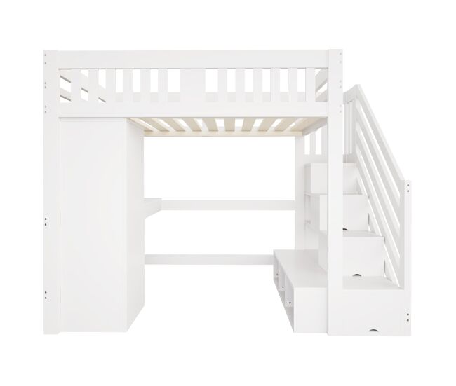 Cama alta 140 x 200 cm - escada com arrumação, secretária com tomada, luz led multicolorida, roupeiro individual, banco com arrumação, grade alta -