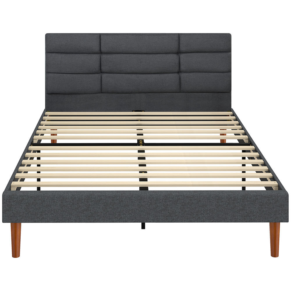 Homcom cama estofada 140x200 cm com cabeceira almofadada, estrutura com ripas, arrumação inferior, design moderno, montagem fácil, cinzento