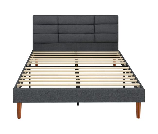 Homcom cama estofada 140x200 cm com cabeceira almofadada, estrutura com ripas, arrumação inferior, design moderno, montagem fácil, cinzento