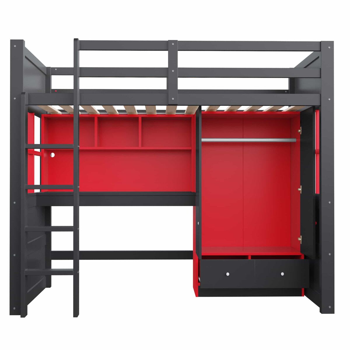 Cama alta 90 x 200 cm – com escada, espaço de arrumação, secretária, roupeiro e gavetas, estilo gaming para crianças e jovens – preto e vermelho