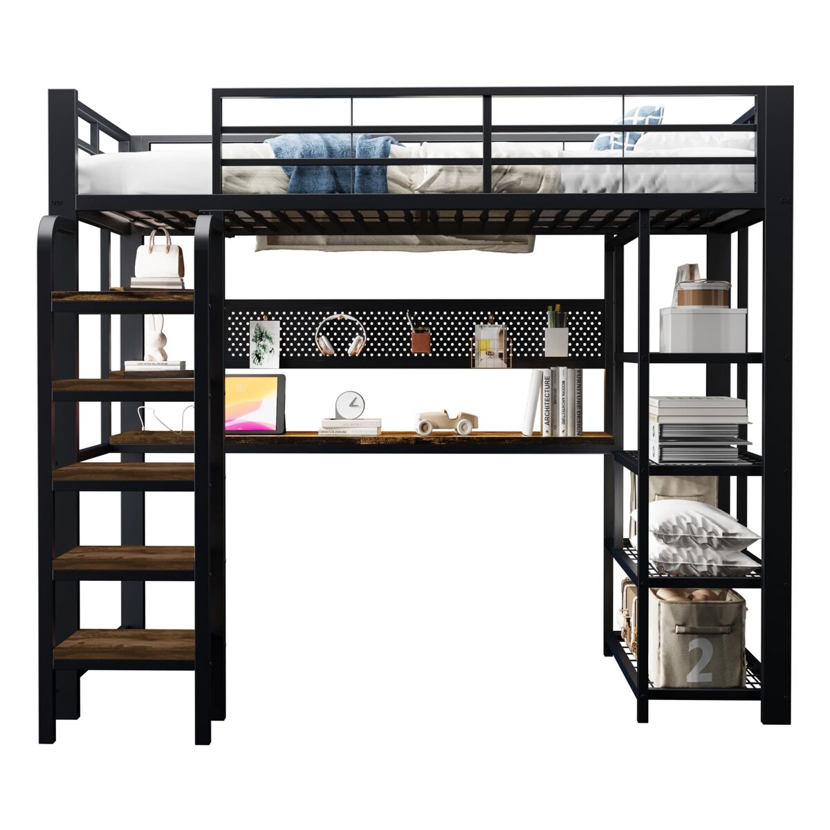 Beliche individual 90×200 cm - com secretária, tomada cee, luz led multicolorida, várias étagères, étagère pequena, escada vertical - noir