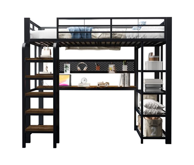 Beliche individual 90×200 cm - com secretária, tomada cee, luz led multicolorida, várias étagères, étagère pequena, escada vertical - noir