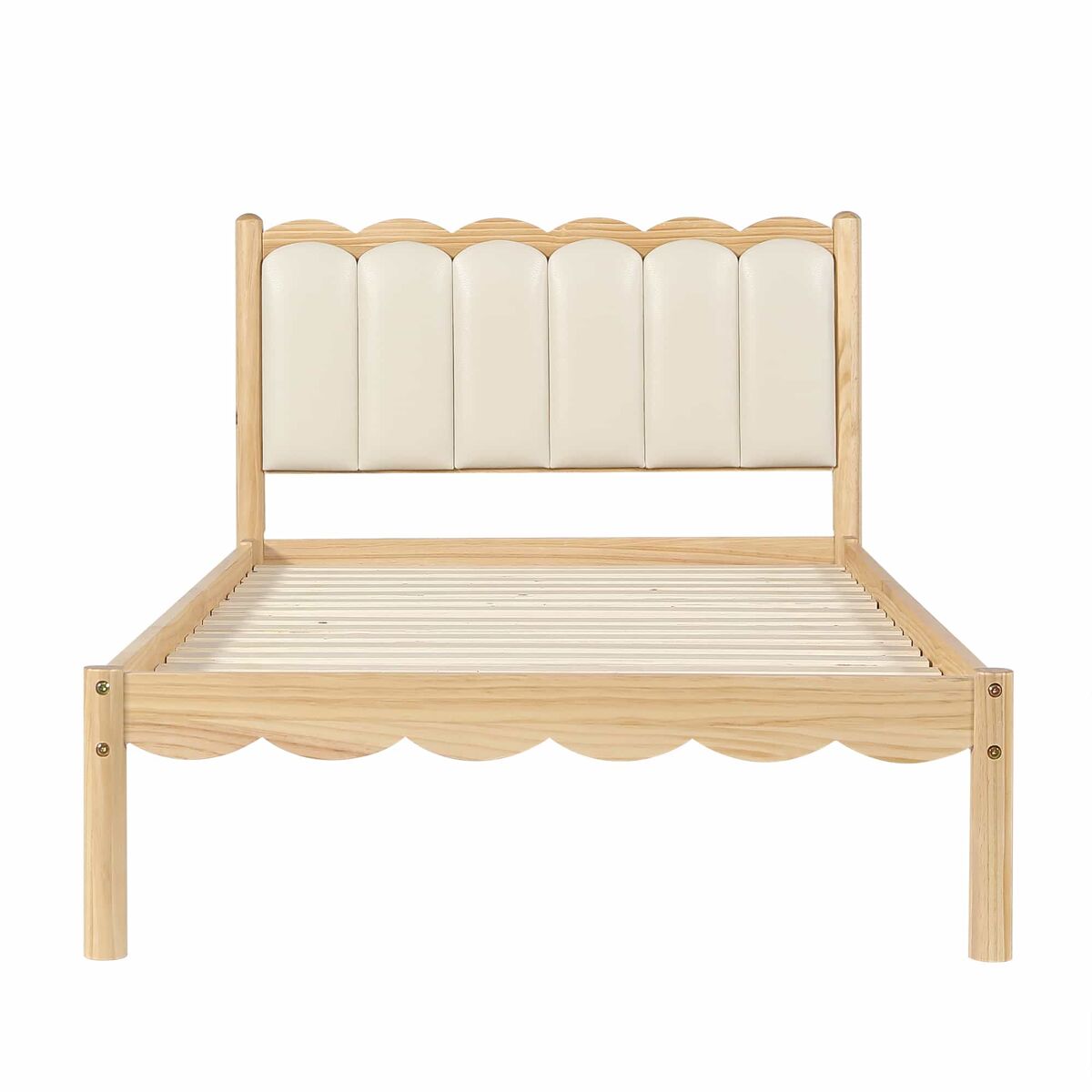 Cama infantil estofada 90 x 200 cm - cabeceira acolchoada em pu com design ondulado, base de ripas estável, estrutura em madeira maciça - bege e natural