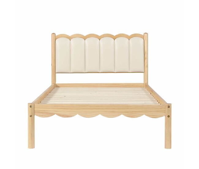 Cama infantil estofada 90 x 200 cm - cabeceira acolchoada em pu com design ondulado, base de ripas estável, estrutura em madeira maciça - bege e natural