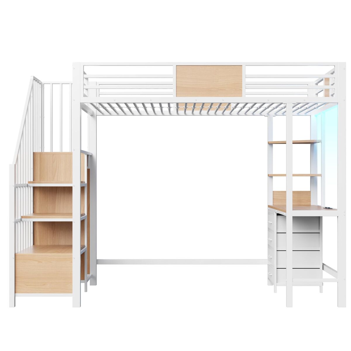 Cama alta em metal 90x200 - com secretária, prateleiras, varão para roupa, iluminação led e tomada, multifuncional para escritórios e quartos pequenos