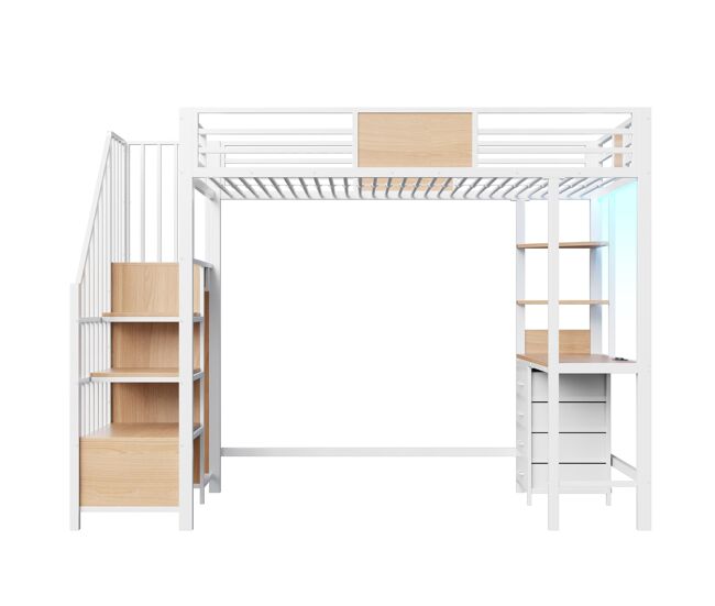 Cama alta em metal 90x200 - com secretária, prateleiras, varão para roupa, iluminação led e tomada, multifuncional para escritórios e quartos pequenos