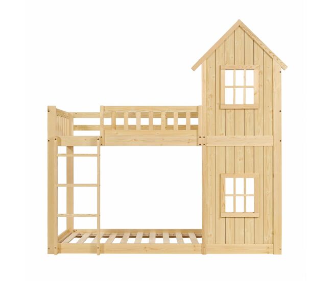 Beliche infantil 90 x 200 cm - design em forma de casinha com 2 janelas, escada de 3 degraus, grades de segurança em todo o perímetro, madeira de