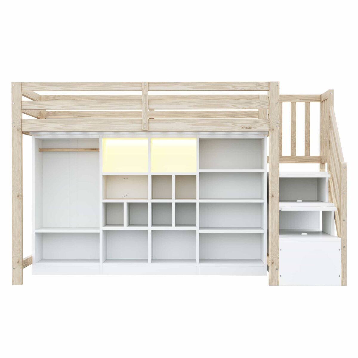 Cama alta 90 x 200 cm - com armários de arrumação, vários compartimentos, roupeiro simples, iluminação led, escada lateral integrada com espaço de