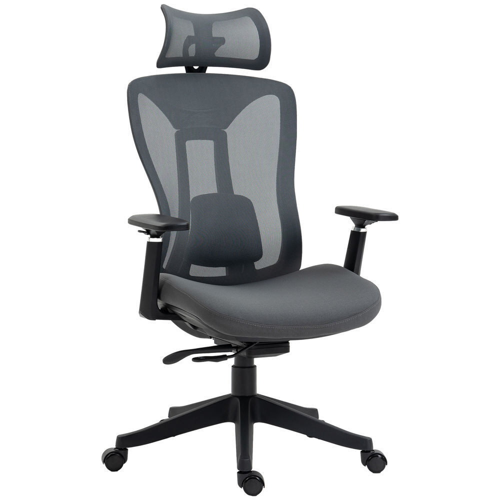 Vinsetto cadeira de escritório em malha reclinável com apoio de cabeça ajustável, apoio lombar e apoios de braços 3d, 150 kg, 70x66x120-128 cm, gris