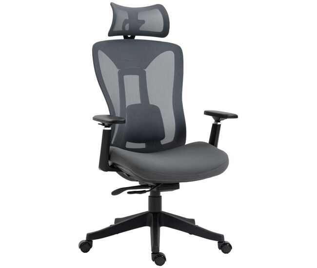 Vinsetto cadeira de escritório em malha reclinável com apoio de cabeça ajustável, apoio lombar e apoios de braços 3d, 150 kg, 70x66x120-128 cm, gris