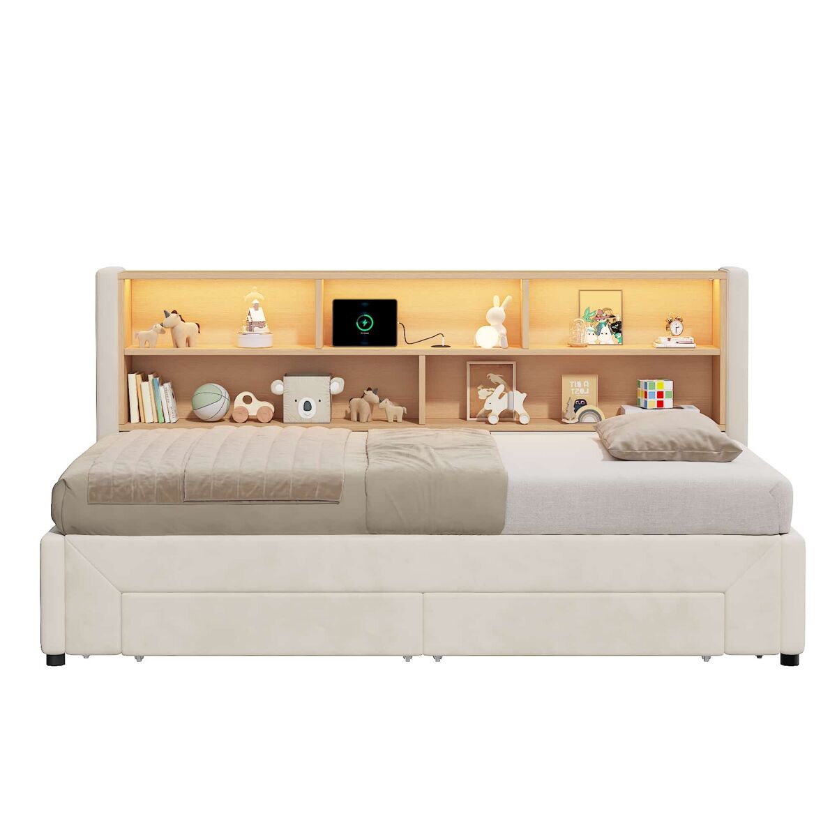 Sofá-cama para jovens 90 x 200 cm — extensível até 180 cm, com 2 gavetas de arrumação, porta usb e luz led, veludo — bege