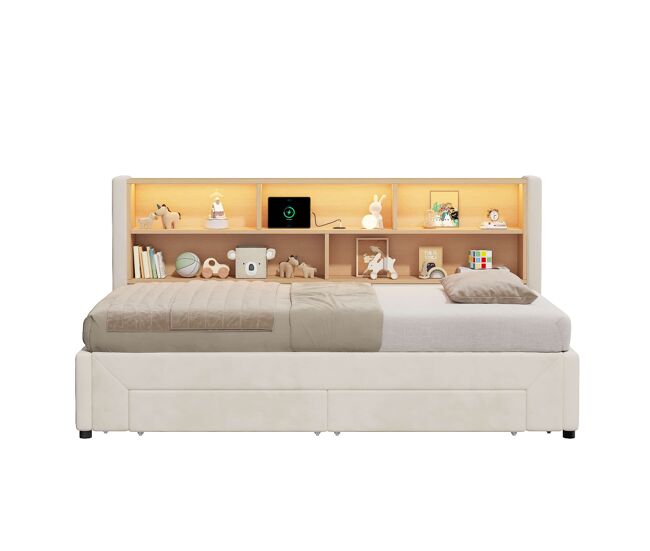 Sofá-cama para jovens 90 x 200 cm — extensível até 180 cm, com 2 gavetas de arrumação, porta usb e luz led, veludo — bege