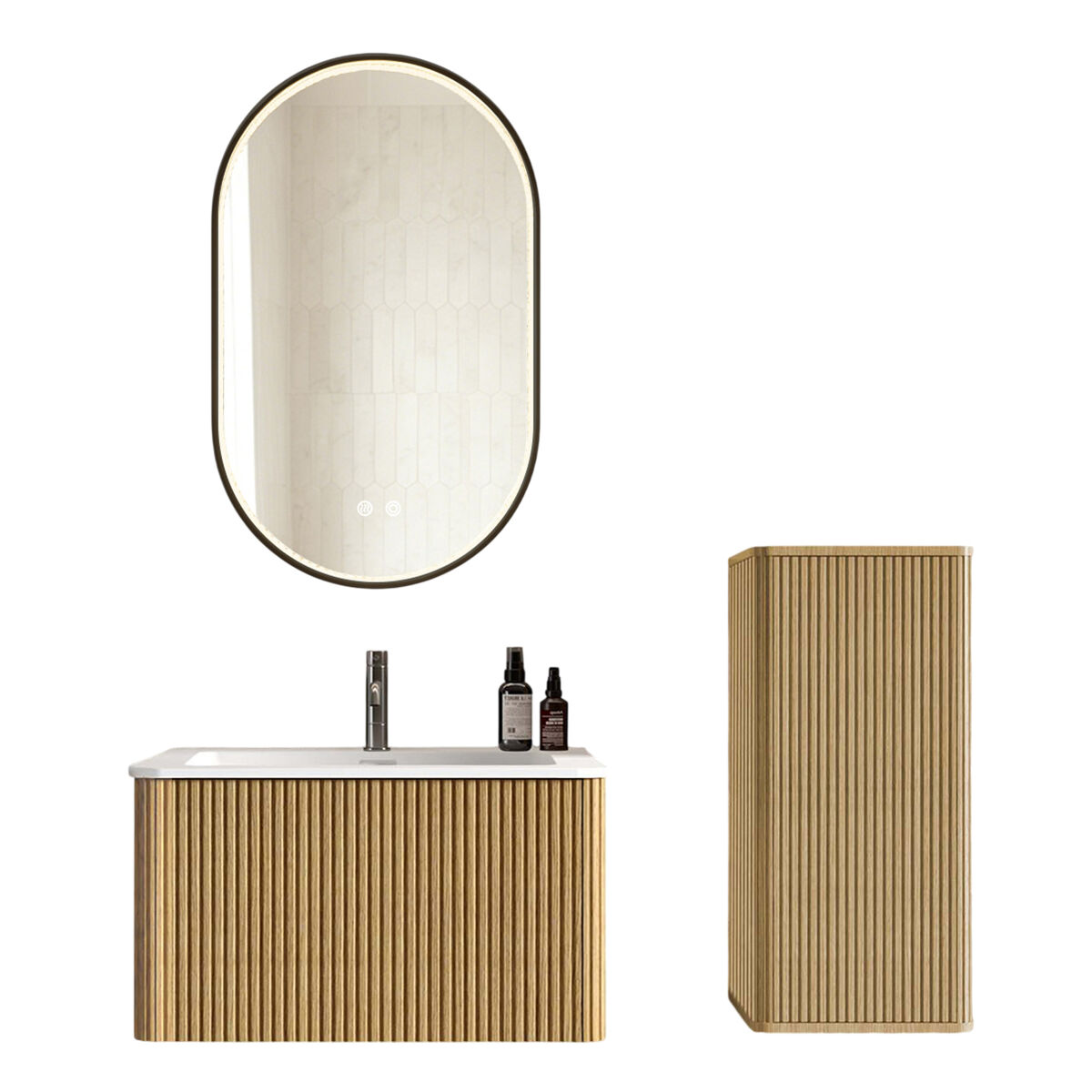 Conjunto de móveis de casa de banho de 61 cm – com lavatório, armário auxiliar e espelho led oval com moldura preta – carvalho