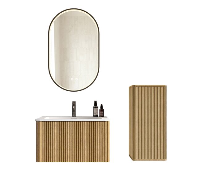 Conjunto de móveis de casa de banho de 61 cm – com lavatório, armário auxiliar e espelho led oval com moldura preta – carvalho