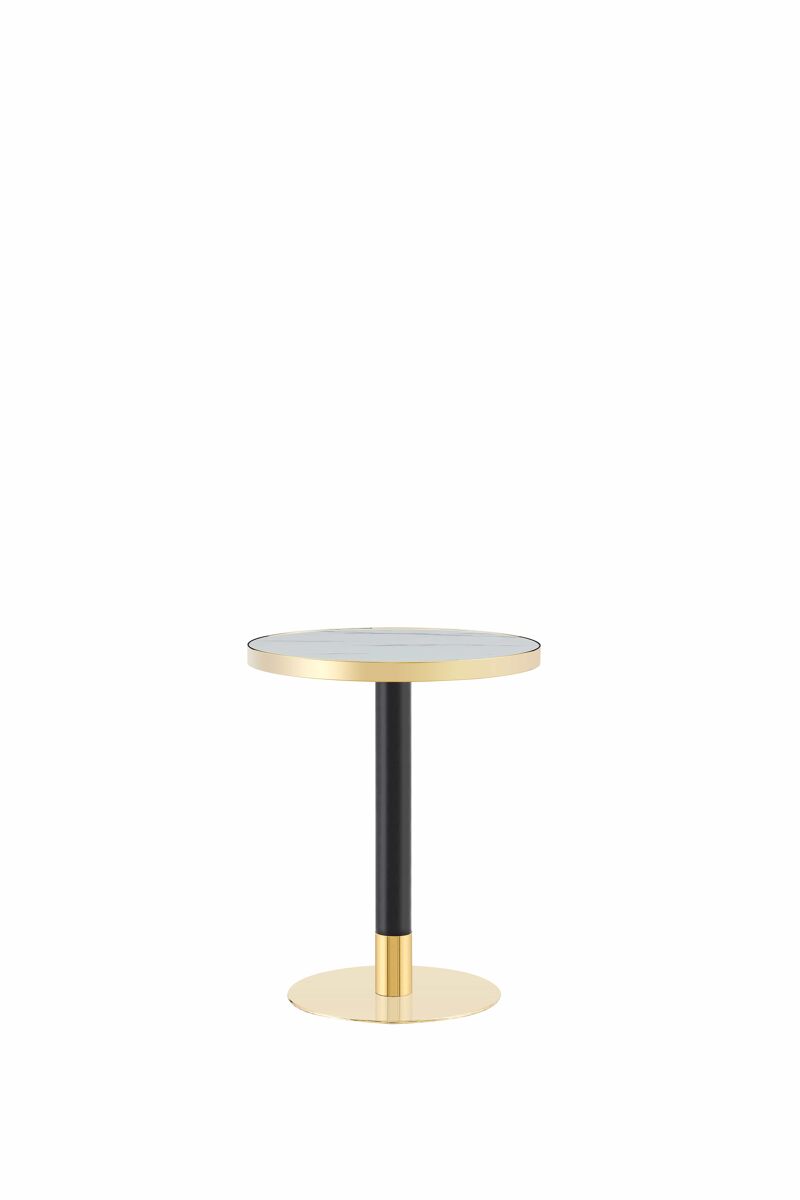Mesa auxiliar redonda 60x60x74 cm - efeito mármore, borda dourada, estrutura metálica estável - branca