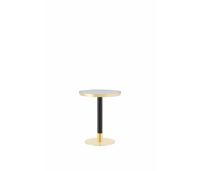 Mesa auxiliar redonda 60x60x74 cm - efeito mármore, borda dourada, estrutura metálica estável - branca