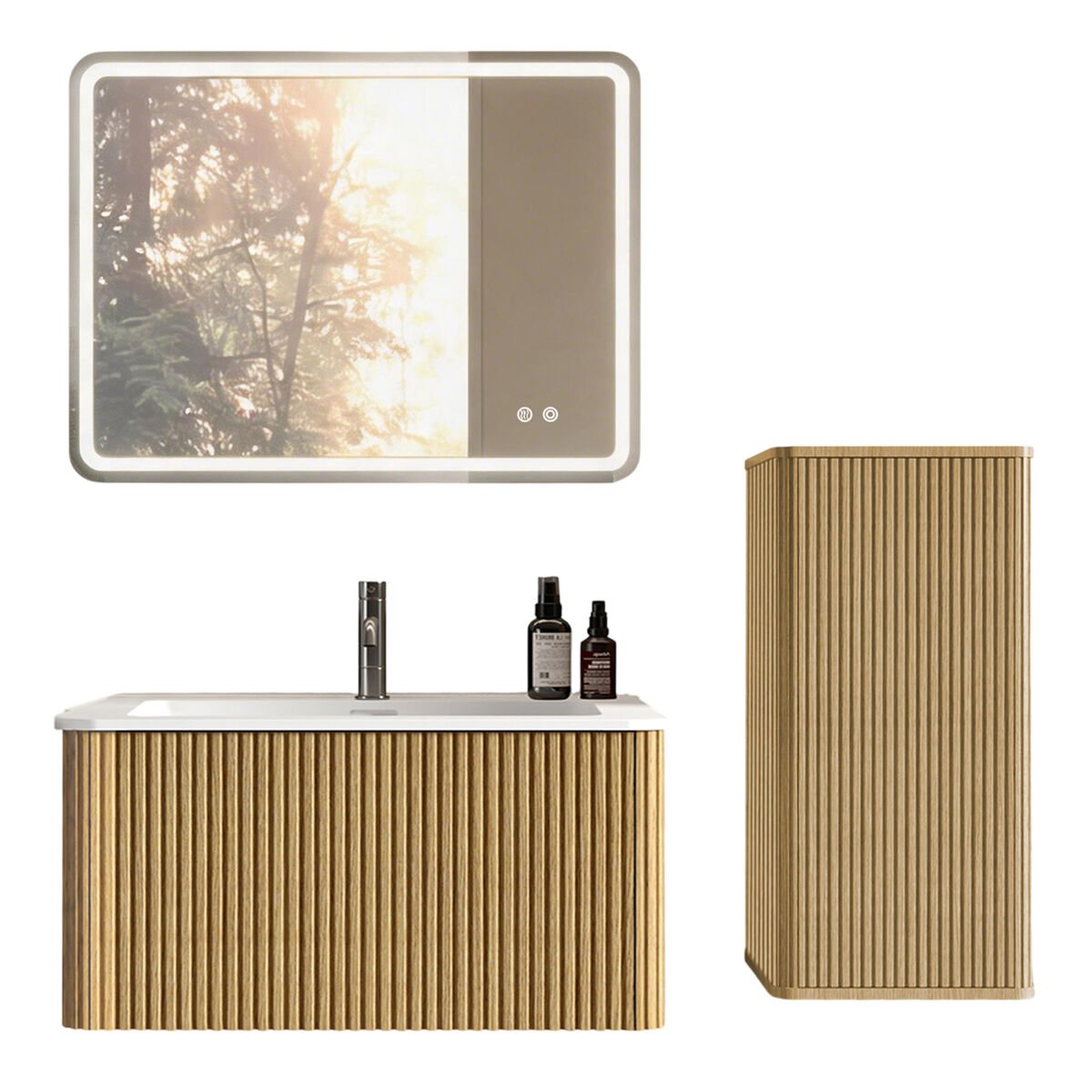 Conjunto de mobiliário de casa de banho de 81 cm – suspenso com lavatório, espelho led quadrado e armário auxiliar moderno – carvalho