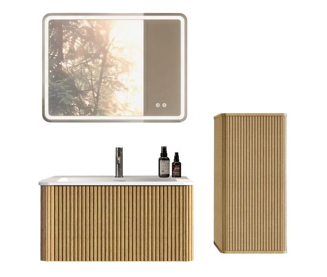 Conjunto de mobiliário de casa de banho de 81 cm – suspenso com lavatório, espelho led quadrado e armário auxiliar moderno – carvalho