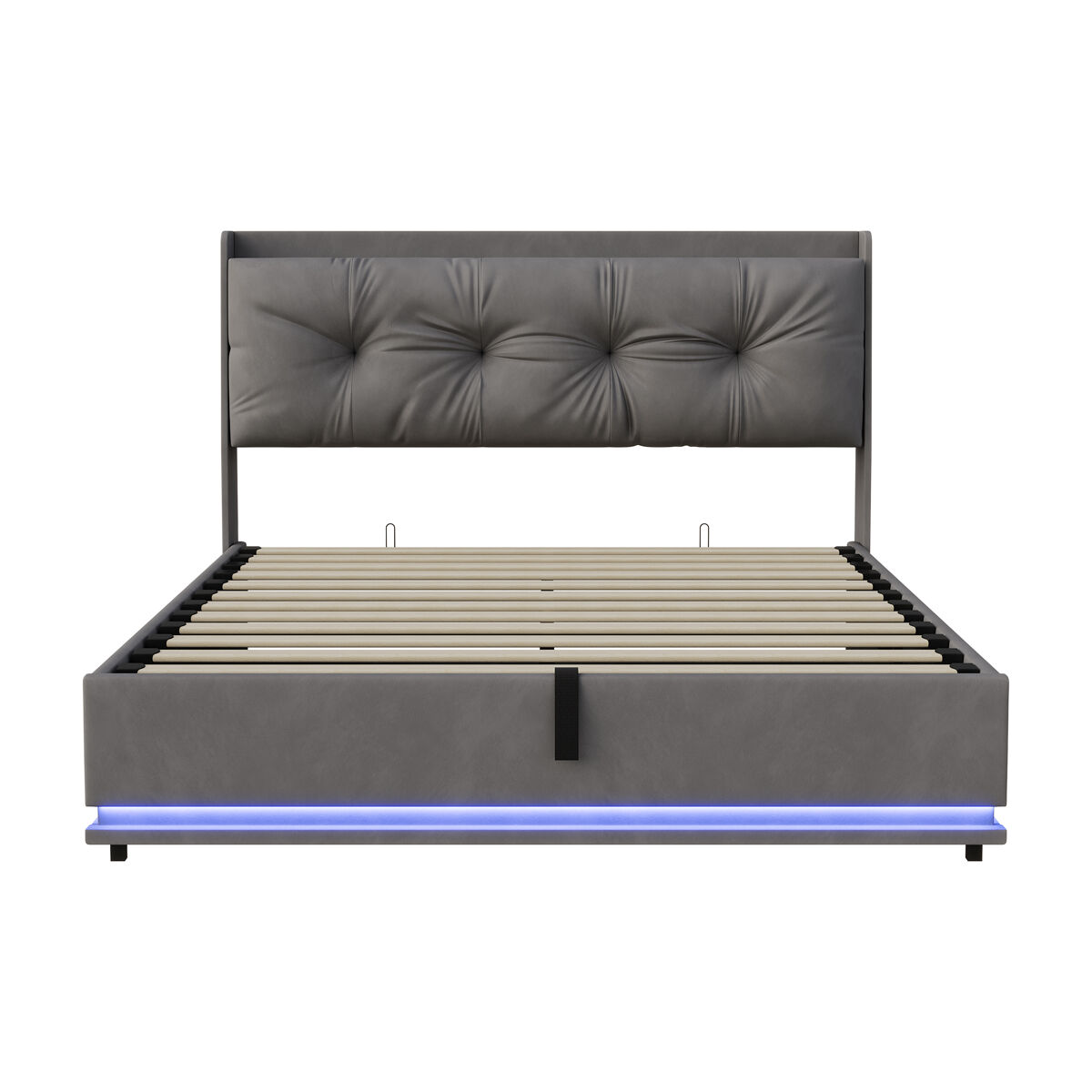 Cama estofada de casal em veludo gris, 140x200 cm, com base hidráulica, espaço de armazenamento com portas usb e tipo-c, iluminação led rgb com controle remoto e estrado de ripas.