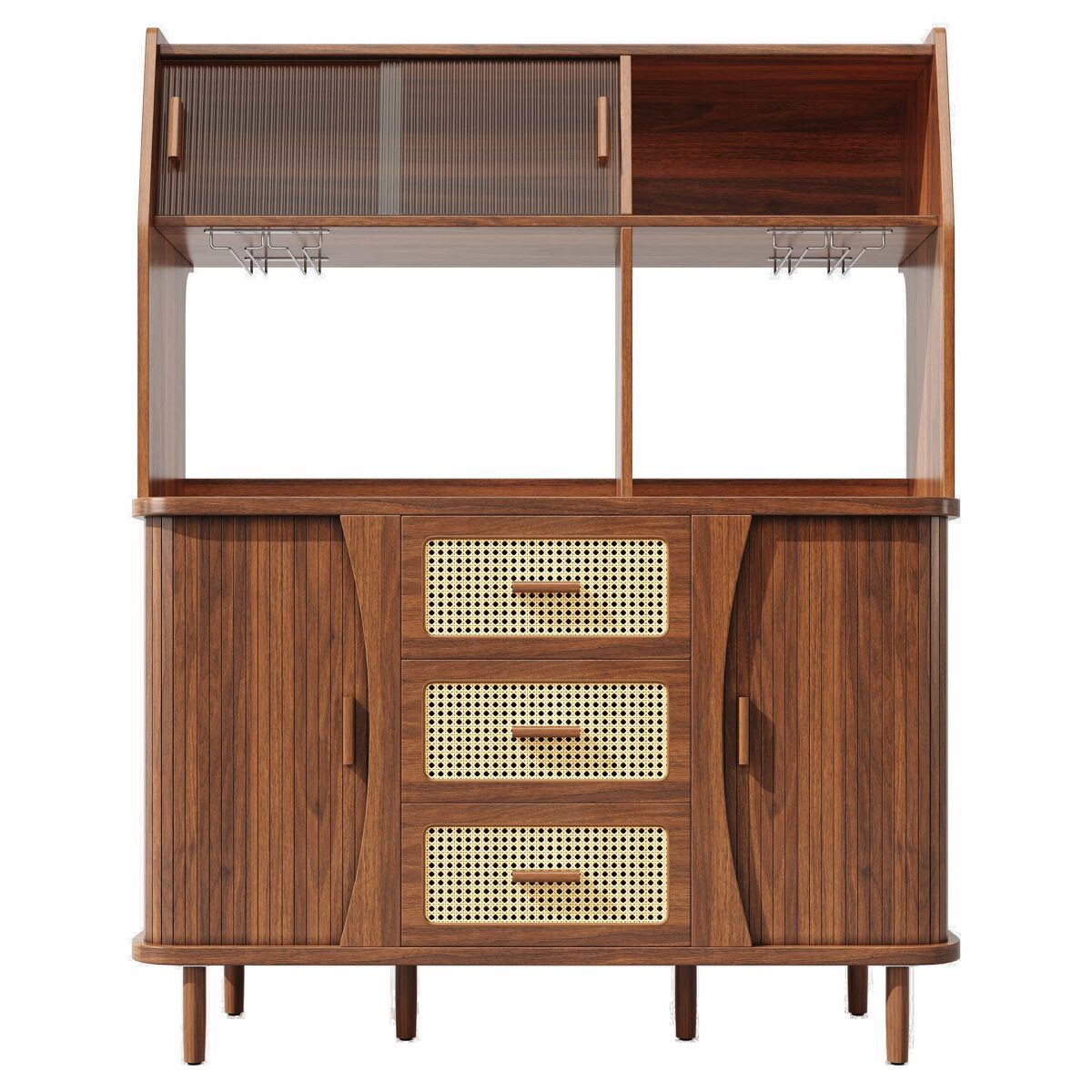 Aparador de cozinha com 174,5 cm - design em rattan com portas de correr em vidro, amplo espaço de arrumação, acabamento em madeira natural estilo nogueira, capacidade de carga de 60 kg - nogueira